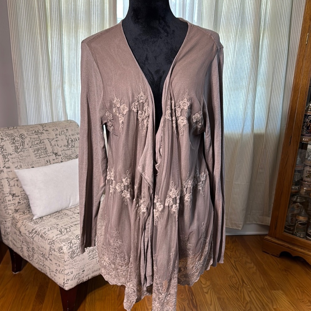 Together Chic Taupe Embroidered Cardigan